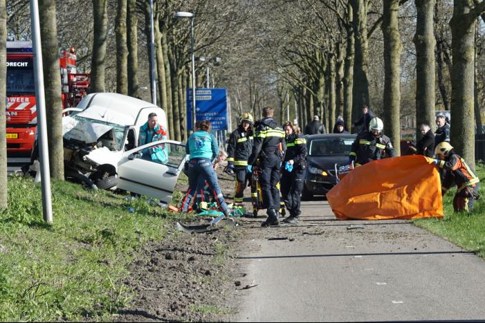Bestelbus crasht frontaal tegen boom