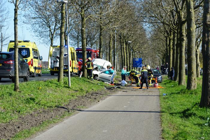Bestelbus crasht frontaal tegen boom
