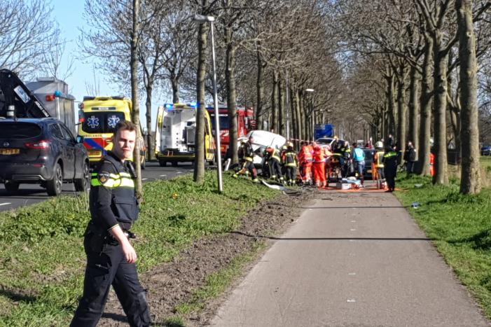 Bestelbus crasht frontaal tegen boom