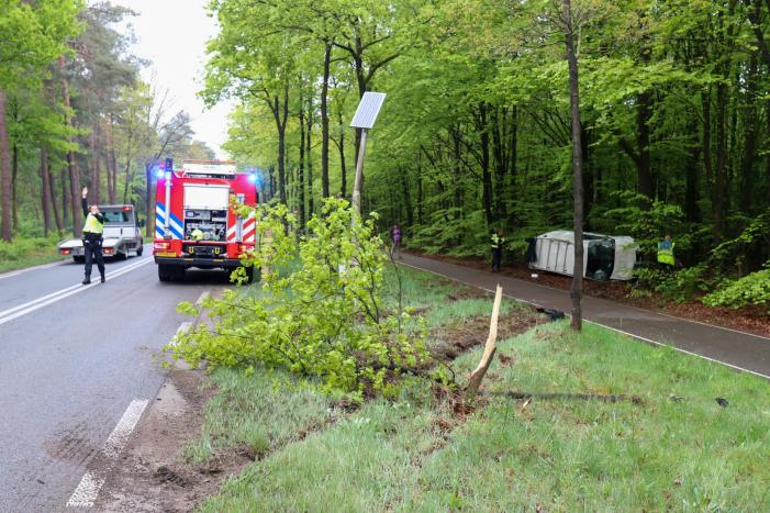 Bestelbus belandt op zijn kant in bosschage