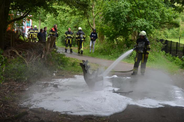 Houten bank in Abbingapark in brand
