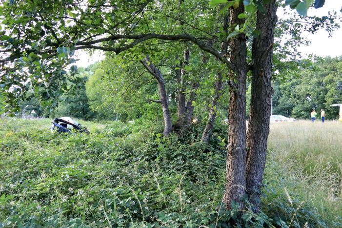 Auto crasht tussen bomen door