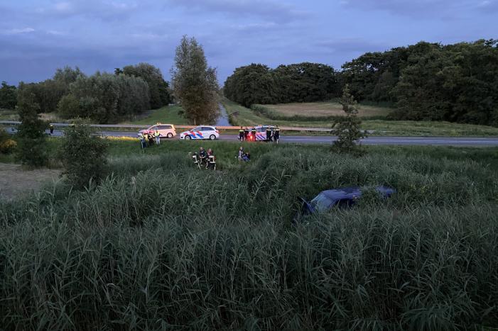 Bestelbus vliegt over de vangrail belandt in riet