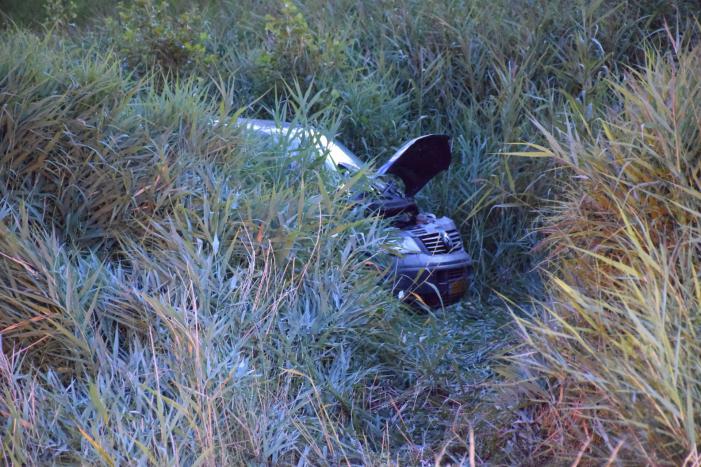 Bestelbus vliegt over de vangrail belandt in riet