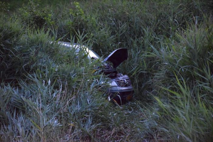 Bestelbus vliegt over de vangrail belandt in riet