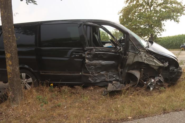 Bestelauto zwaar gehavend na botsing met meerdere bomen