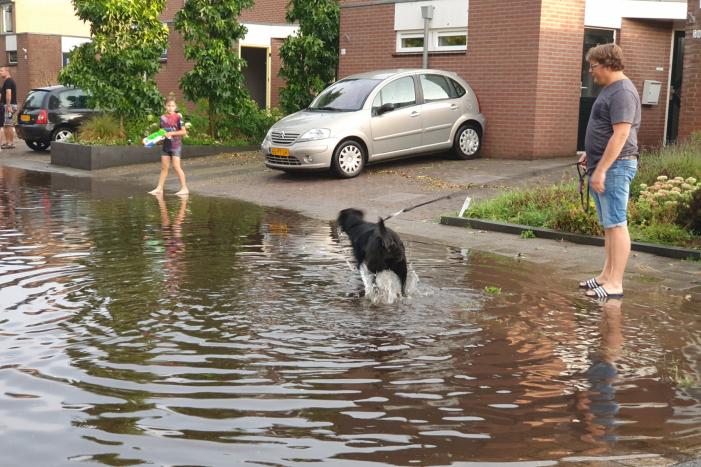 Jeugd vermaakt zich in ondergelopen straat