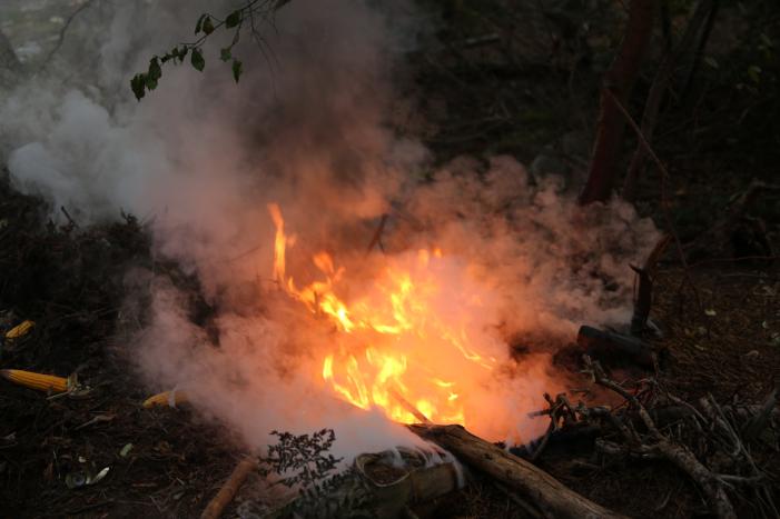Berg afval in bos in brand gestoken