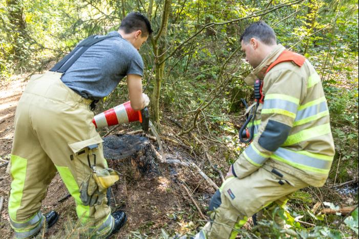 Brandweer blust brand met pionnen