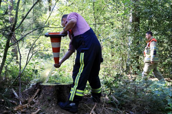Brandweer blust brand met pionnen