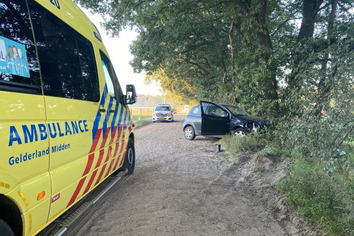 Auto raakt van zandpad en botst op boom