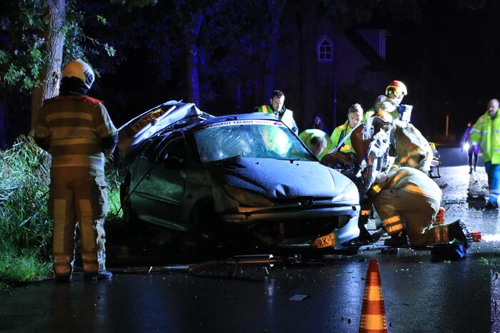 Auto slaat over de kop en raakt boom