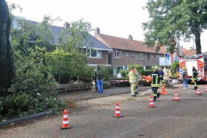 Grote boom valt om tegen woning