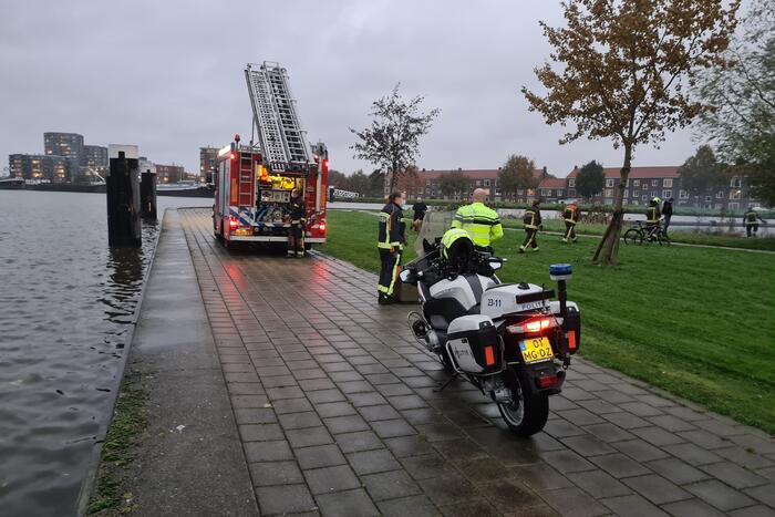 Brandweer blust brand in boom met emmer