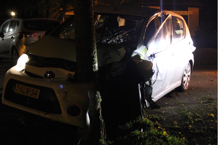 Auto rijdt tegen lantaarnpaal en komt tot stilstand tegen boom