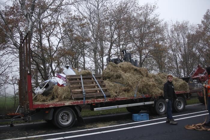 Vrachtwagen met aanhanger met hooi ramt boom