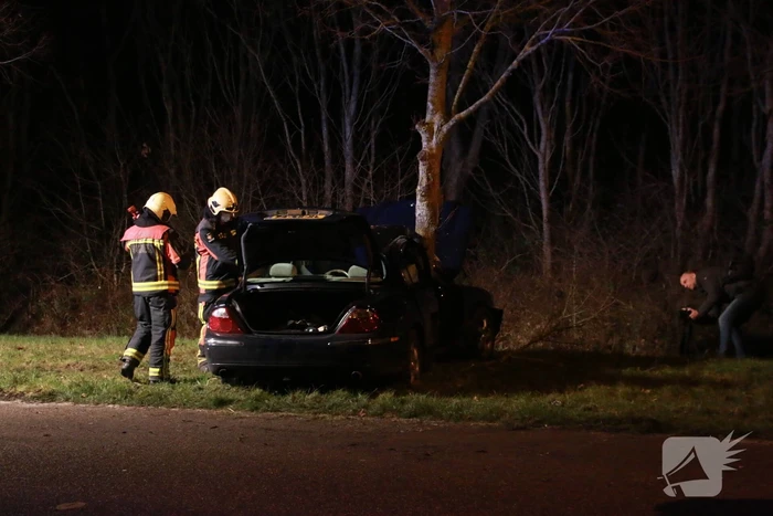 Auto flink beschadigd na aanrijding met boom