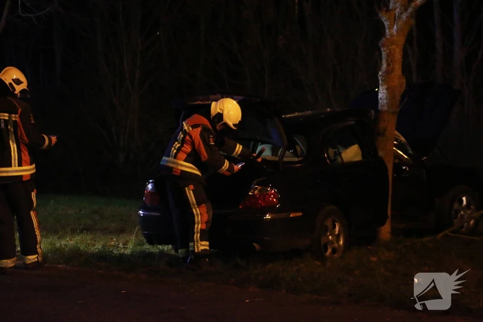 Auto flink beschadigd na aanrijding met boom