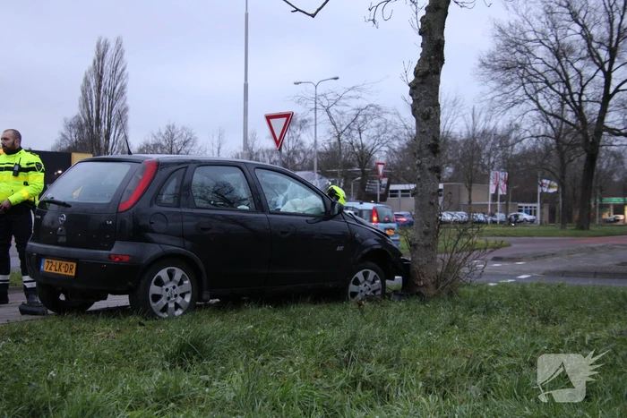 Auto tegen boom geparkeerd