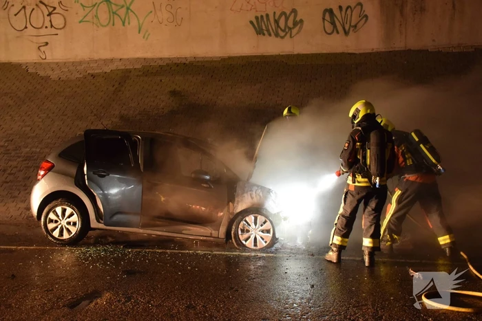 Auto vat vlam onder viaduct snelweg
