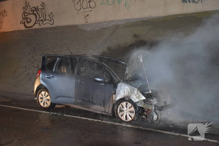 Auto vat vlam onder viaduct snelweg