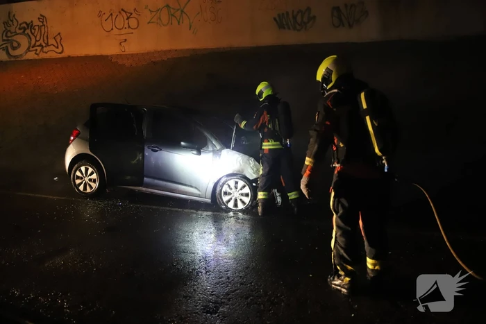 Auto vat vlam onder viaduct snelweg