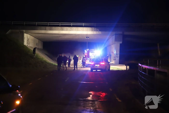 Auto vat vlam onder viaduct snelweg
