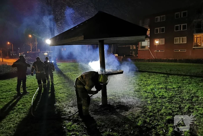 Houten tafel in brand