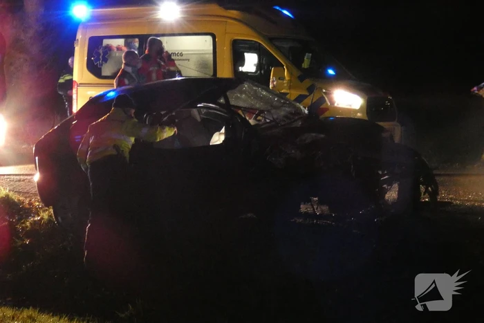Auto klapt hard tegen boom
