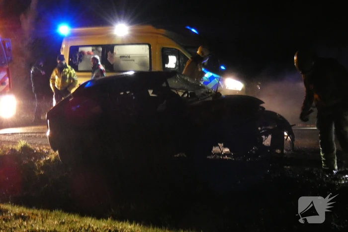 Auto klapt hard tegen boom