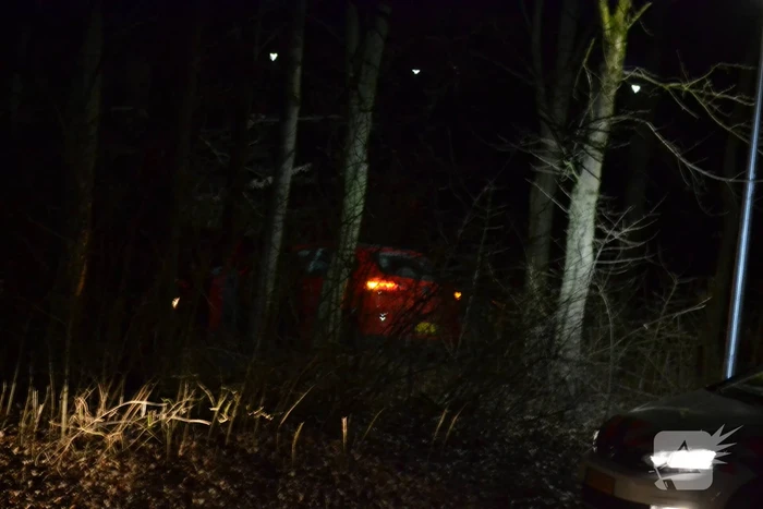 Auto vliegt uit de bocht en belandt tussen de bomen