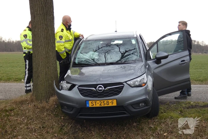 Auto tegen boom na uitwijkmanoeuvre