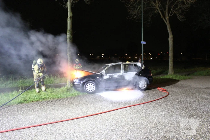 Auto verwoest door brand na botsing tegen boom