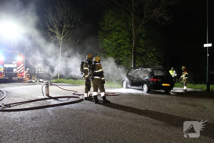 Auto verwoest door brand na botsing tegen boom