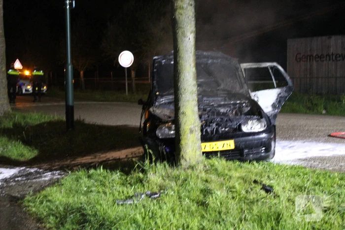 Auto verwoest door brand na botsing tegen boom