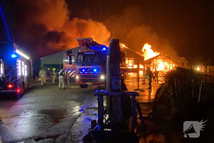 Brandweer bestrijdt grote uitslaande brand in twee loodsen
