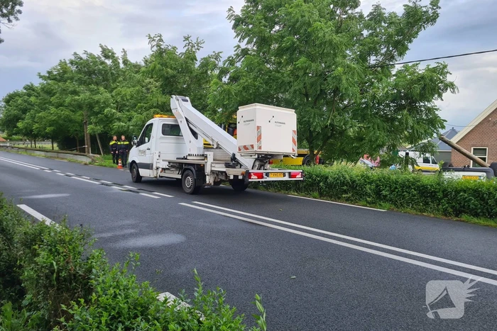 Bezorgauto slaat over de kop en ramt stroommast