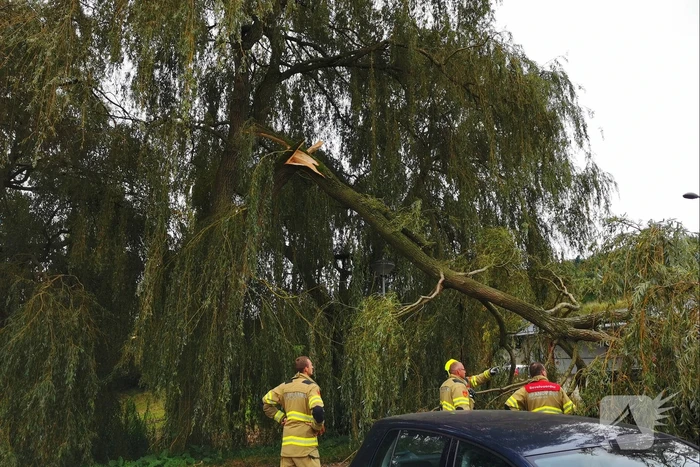 Tak breekt af en belandt op auto