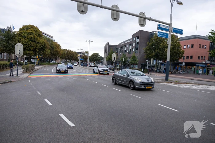 Regenboog-oversteekplaats besmeurd met verf