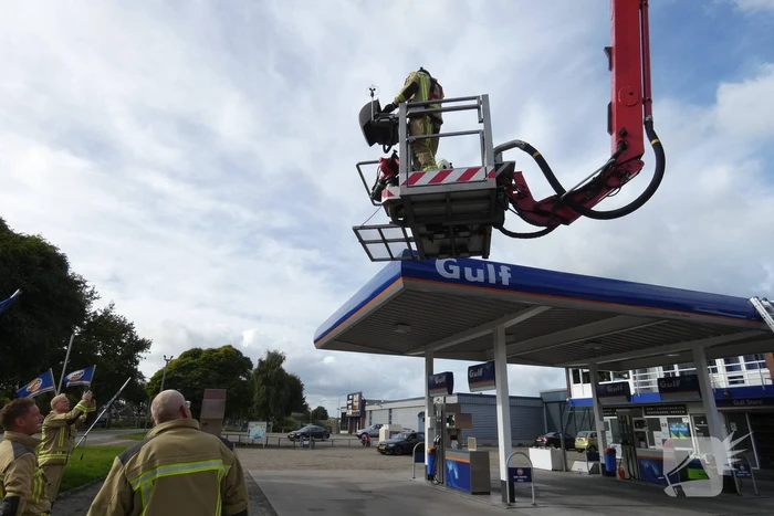 Gewonde zwaan gered van dak Gulf-tankstation