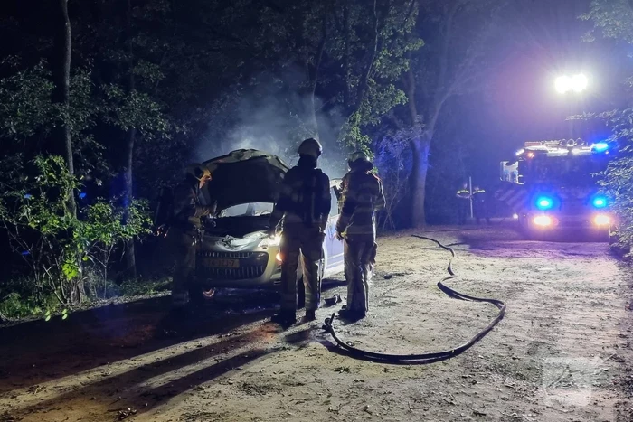 Auto verwoest door brand in bosgebied