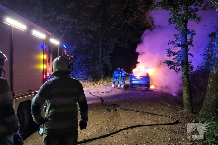 Auto verwoest door brand in bosgebied