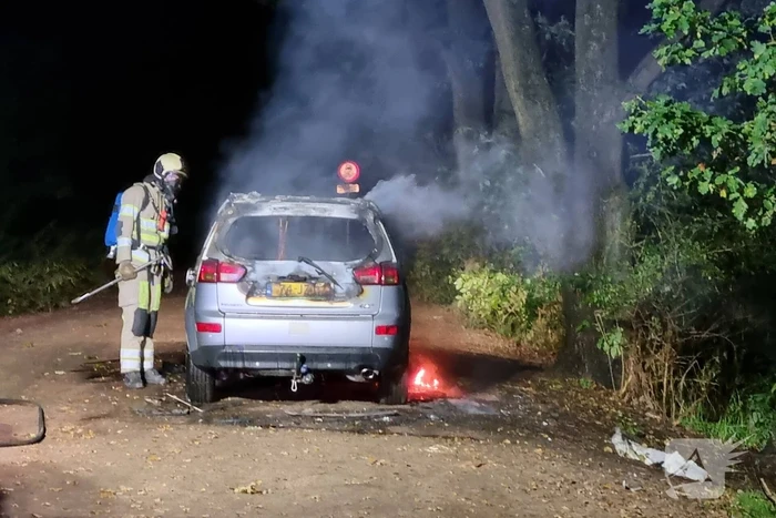 Auto verwoest door brand in bosgebied