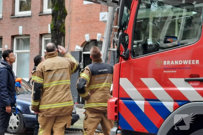 Verhuislift raakt vast in takken van boom