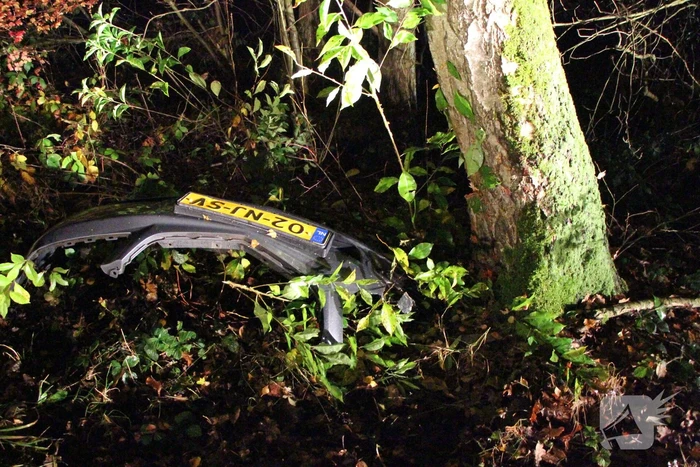 Auto in greppel na botsing met boom
