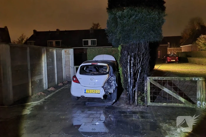 Veel schade aan auto en coniferenhaag na brand