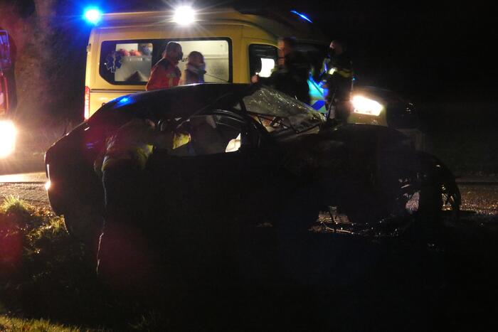 Auto klapt hard tegen boom