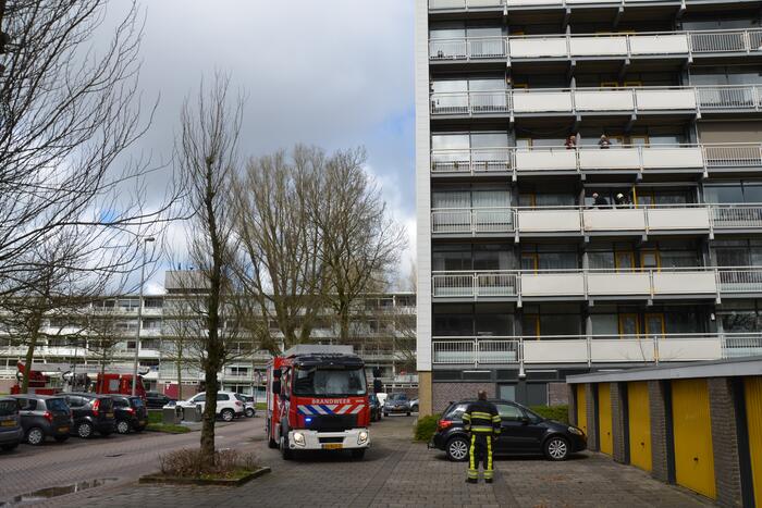 Brandweer blust brandende wasmand