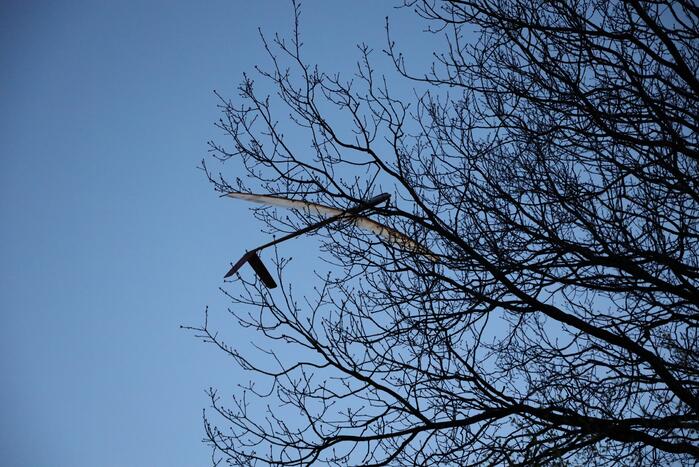 Brandweer haalt vastzittend modelvliegtuig uit boom