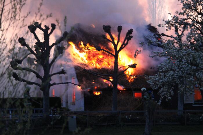 Veel rookontwikkeling door brand in rietendak van woonboederij